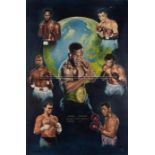 World heavyweight boxing legends painting depicting Frazier, Marciano, Holmes, Tyson, Foreman,