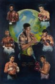 World heavyweight boxing legends painting depicting Frazier, Marciano, Holmes, Tyson, Foreman,