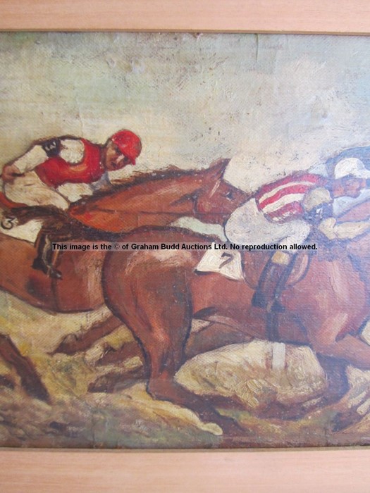 Oil painting of a horse race, signed indistinctly lower right, oil on board, Flat race featuring - Image 8 of 14