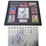 George Best signed photo montage tribute, featuring one signed b&w and seven colour images of