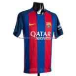 Lionel Messi signed Barcelona replica home jersey, signed in black marker to a front red stripe