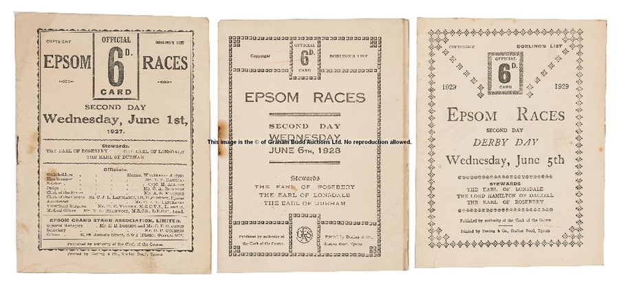 Three 1920s Epsom Derby Day racecards, all Dorling's, comprising 1927, 1928 and 1929