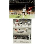 Pair of Geoff Hurst 1966 signed colour picture presentations, the first a photo montage of Hurst's