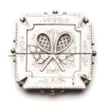Victorian silver tennis brooch, Birmingham 1885, by William Twigg, square brooch with two central