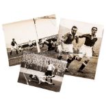 Seven football press photographs, circa 1940s, three featuring Stanley Matthews, b&w action shots