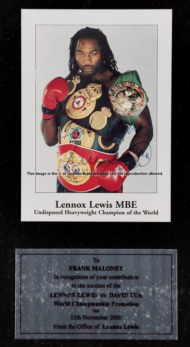 Two framed Lennox Lewis fight certificates awarded to Frank Maloney dating from 2000, comprising a