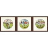 Group of three enamelled pot lids decorated with rugby, cricket and football scenes circa 1920, each