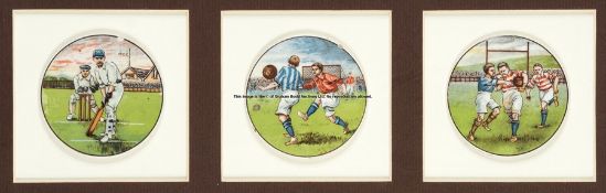 Group of three enamelled pot lids decorated with rugby, cricket and football scenes circa 1920, each