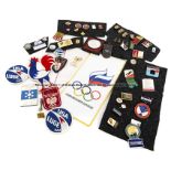 Group of metal and enamel badges for winter sports World Championships and other international