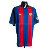 Lionel Messi, Luis Suarez & Neymar Jr. triple-signed Barcelona replica home jersey, signed in