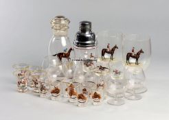 Collection of 20th century racing-themed glassware, with enamelled decoration, comprising decanter