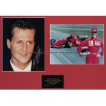 Michael Schumacher signed photographic display, comprising a 25 by 19cm. colour portrait signed in
