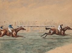 George Finch Mason (British, 1850-1915), THE DERBY 1881, IROQUOIS WINS!, watercolour, signed &
