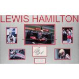 Lewis Hamilton signed photo montage, signature on white card, title plaque, framed & glazed, 57 by