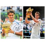 Two individually signed photographs of Roger Ferderer and Andy Murray, each captured holding the