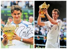 Two individually signed photographs of Roger Ferderer and Andy Murray, each captured holding the