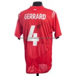 Steven Gerrard signed England 2004-05 red replica away jersey, short sleeved with England badge,