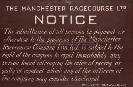 Original signage from the defunct Manchester Racecourse at Castle Irwell, dark red painted timber