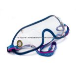 Pair of racing goggles, worn by Lester Piggott, UVEX brand, blue with pink striped elastic