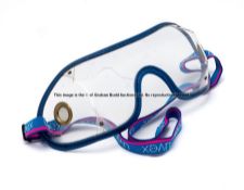 Pair of racing goggles, worn by Lester Piggott, UVEX brand, blue with pink striped elastic