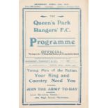 Queen’s Park Rangers v Tottenham Hotspur programme 15th April 1916, London Football Combination