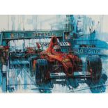 Watercolour of a Ferrari on pole at a F1 Grand Prix, Signed Lepac, mounted framed & glazed,