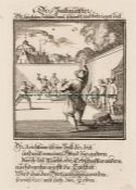 Etching of a Jeu de Paume game in walled enclosure, with inscription, mounted and framed 32 by 26cm.