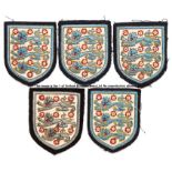 Five England Three Lions blazer badges, shield shaped embroidered badges, each 10 by 8cm.