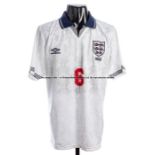 Tony Adams white England No.6 jersey from Euro '82 in Sweden, tournament issue, short-sleeved,