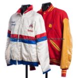 Five promotion jackets worn during Lennox Lewis fights, comprising a Kronk red and yellow jacket