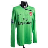 Manuel Almunia signed Arsenal FC green No.1 goalkeeping jersey circa 2009, signed in black marker