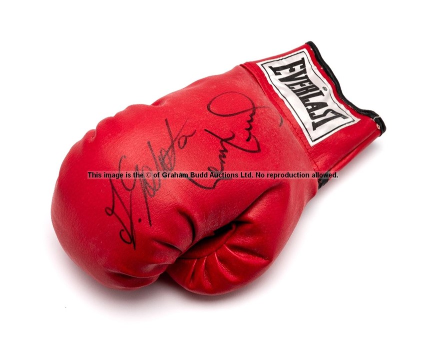 Lennox Lewis and Andrew Golota double-signed boxing glove, the red right-hand Everlast glove