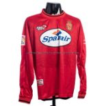 Miquel Soler red Real Mallorca No.15 jersey, long-sleeved, La Liga badge to the right sleeve, the