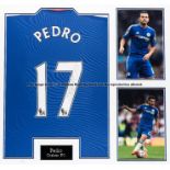 Pedro signed Chelsea FC framed replica jersey season 2015-16, mounted with two colour photographs,