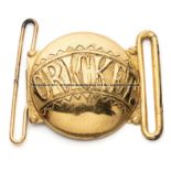 Cricket themed brass belt buckle, circular buckle inscribed CRICKET, with two belt loops, 6 by 7.