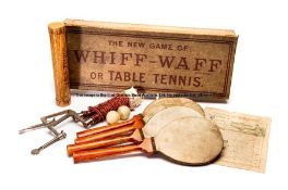 Boxed set of the NEW Game of WHIFF WAFF or Table Tennis circa 1900, containing 4 Chiswick bats,