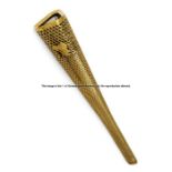 London 2012 Olympic Games bearer's torch, of tapering, triangular form, gold coloured, bearing the