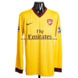 Thomas Vermaelen Arsenal FC No.5 yellow away jersey, season 2010-11, long sleeved with BARCLAYS