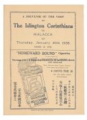 Malacca v Islington Corinthians FC souvenir match programme, 20th January 1938, 38-page programme