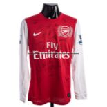 Aaron Ramsey team-signed Arsenal FC red and white No.16 home jersey season 2011-12, 20 signatures in