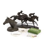Horse racing memorabilia, comprising: a resin-bronzed group of two racehorses ''First Past The