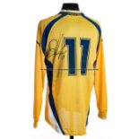 Serhiy Rebrov signed yellow Ukraine No.11 jersey, long-sleeved with logos, reverse of collar printed