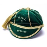 F.A.I Republic of Ireland Senior cap 1996-97 awarded to Jeff Kenna, green velvet with gold braid and