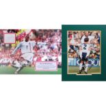 David Beckham signed colour photograph, mounted study of Beckham scoring from a last-minute free