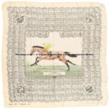 Ladies' silk scarf commemorating the victory of Crepello in the 1957 Derby, with central portrait of
