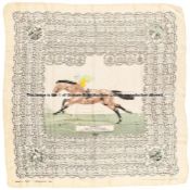 Ladies' silk scarf commemorating the victory of Crepello in the 1957 Derby, with central portrait of