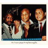 Joe Frazier, George Foreman and Muhammad Ali signed photograph, 8 by 10in. photograph signed in gold