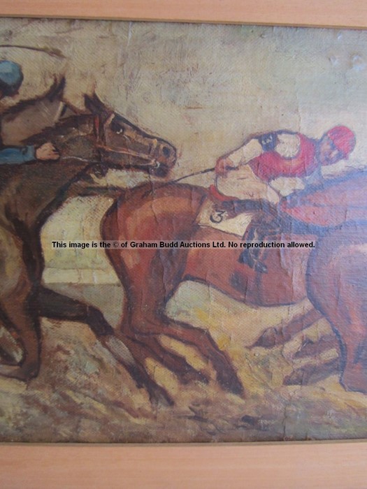 Oil painting of a horse race, signed indistinctly lower right, oil on board, Flat race featuring - Image 7 of 14