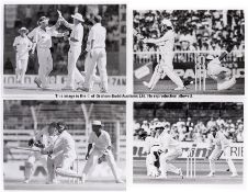 Black & white press photographs of English cricket teams and players in action, approximately 100