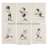 Six Peter Hobbs caricatures of 1920s Tottenham Hotspur footballers, each drawn in pen, ink and wash,